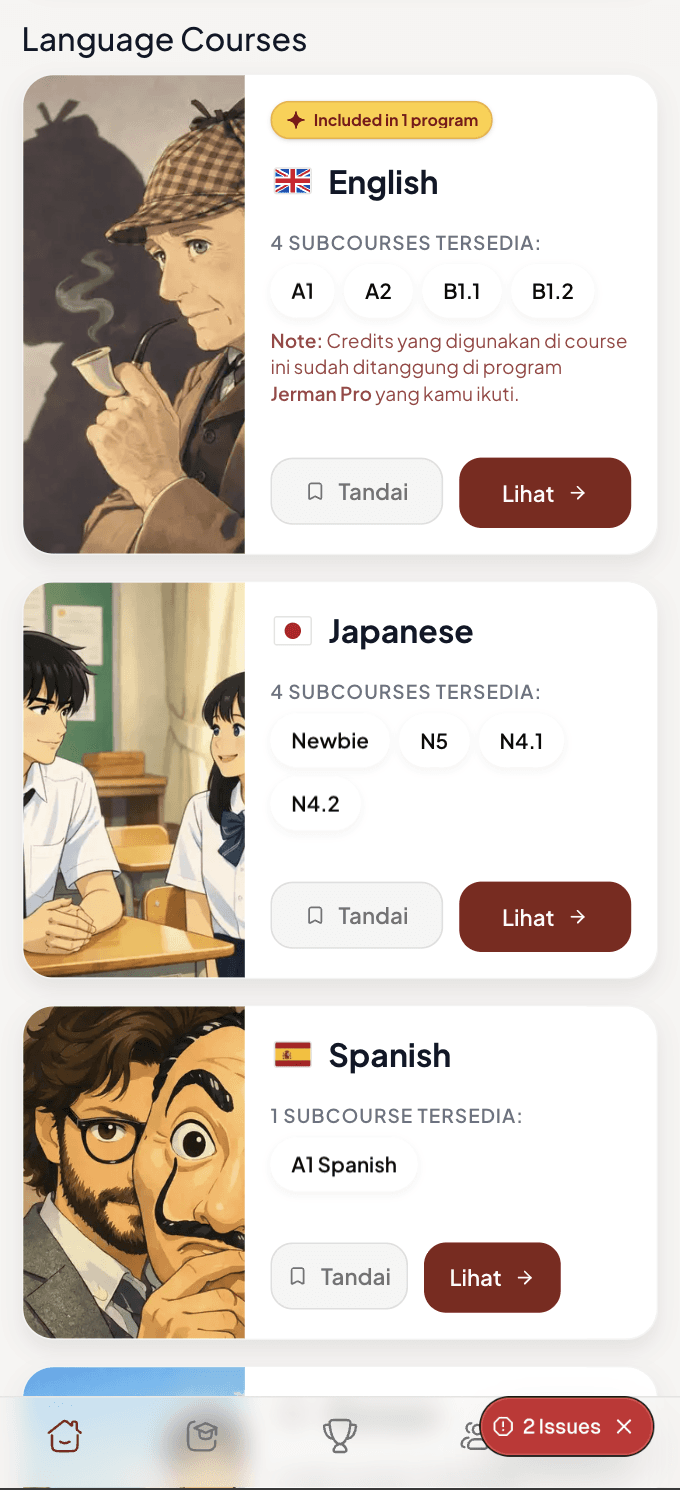 Preview platform latihan ZenLEAP, latihan aktif